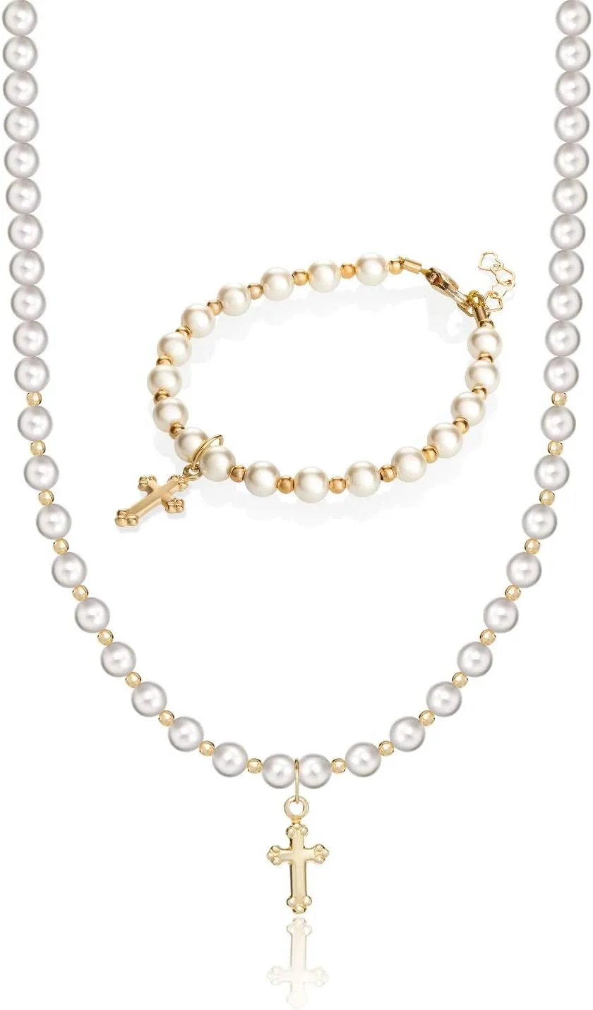 Christening 14KT Gold-Filled Beads and Cross Charm Luxury Unisex Baby Bracelet and Necklace with Cream European Simulated Pearls Gift Set (GSNBGC_S )