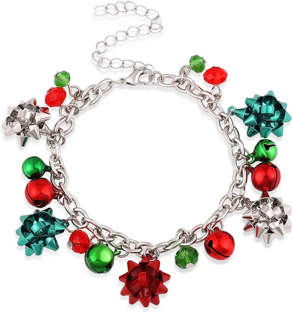 Christmas Jingle Bells Bracelet Christmas Link Charm Bracelet Bow Xmas Holiday Jewelry for Women Girls