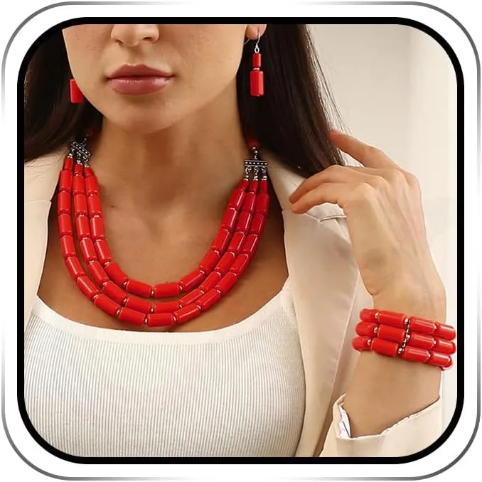 Chunky Beads Jewelry Sets Statement Strand Necklace Acrylic Multi Layered Necklaces Bracelet and Earrings Set for Women