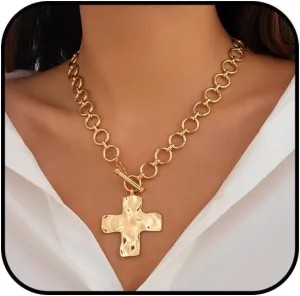 Chunky Cross Necklace for Women Gold Statement Cross Pendant Necklace Layered Toggle Chain Necklace Hammered Cross Bold Choker Necklace Thick Vintage Jewelry