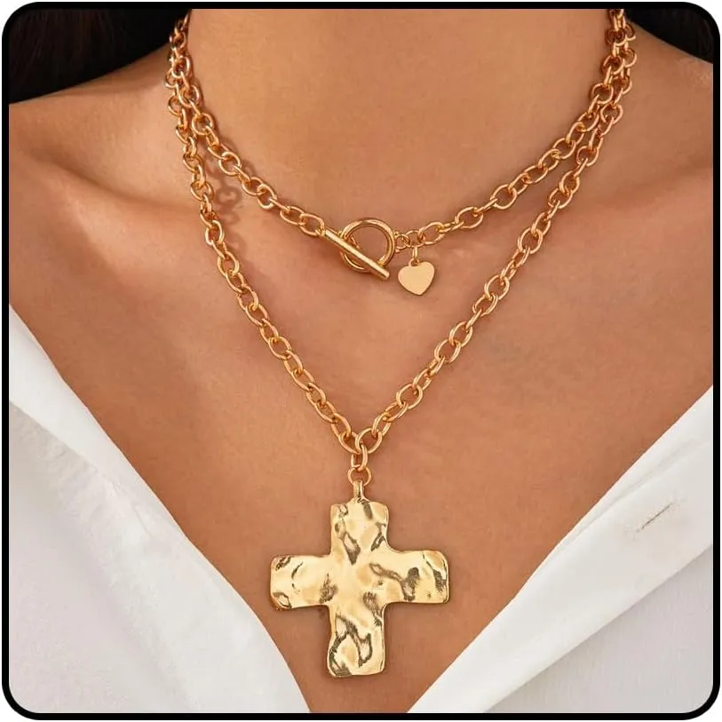 Chunky Cross Necklace for Women Hammered Bold Cross Necklace Chunky Gold Cross Necklace Statement Cross Pendant Necklace Vintage Toggle Clasp Necklace Grunge Jewelry Gifts
