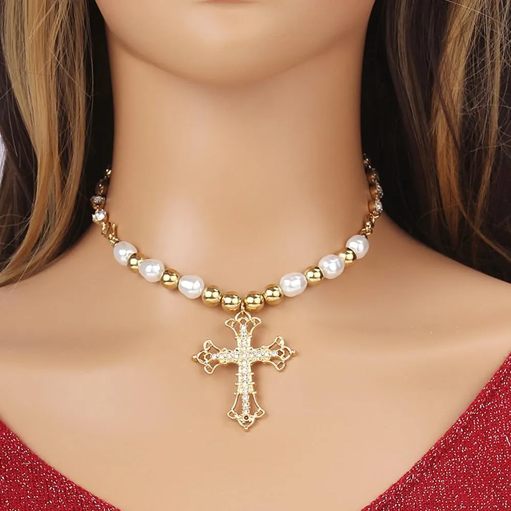 Chunky Gold Cross Necklace for Women,Sparkly Big Crystal Crucifix Pendant Choker Necklaces,Thick Pearl Beaded Necklace,Faith Based Gifts for Baptism