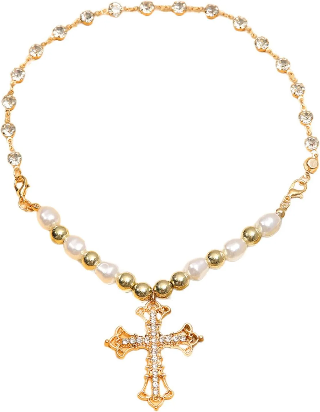 Chunky Gold Cross Necklace for Women,Sparkly Big Crystal Crucifix Pendant Choker Necklaces,Thick Pearl Beaded Necklace,Faith Based Gifts for Baptism