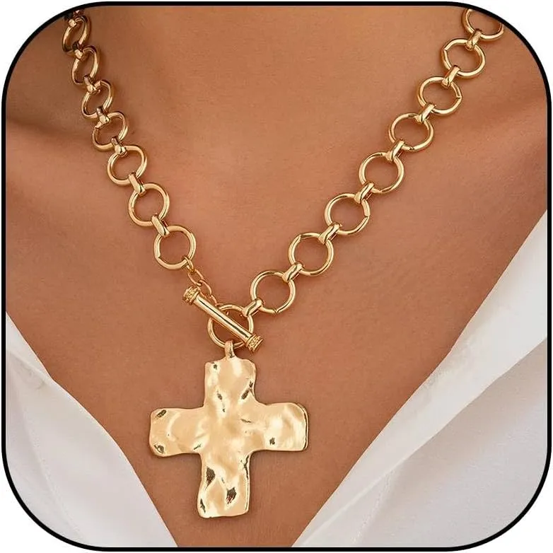 Chunky Gold Necklace Cross Statement Necklace for Women Layered Cross Pendant Necklaces Easter Basket Essentials Christian Gifts for Women