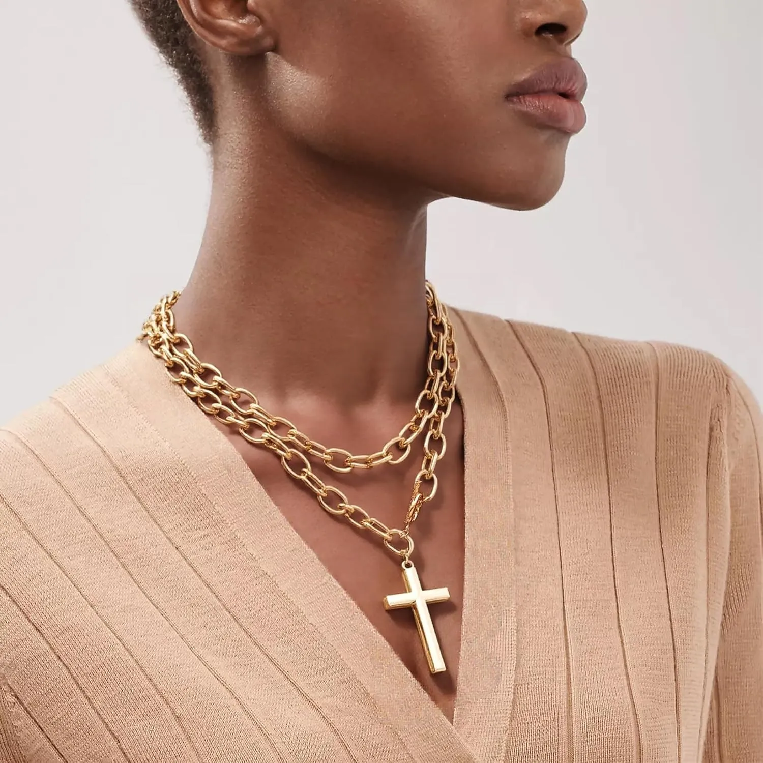 Chunky Gold Necklace Cross Statement Necklace for Women Layered Cross Pendant Necklaces Easter Basket Essentials Christian Gifts for Women