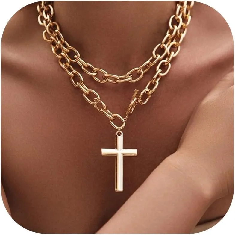 Chunky Gold Necklace Cross Statement Necklace for Women Layered Cross Pendant Necklaces Easter Basket Essentials Christian Gifts for Women