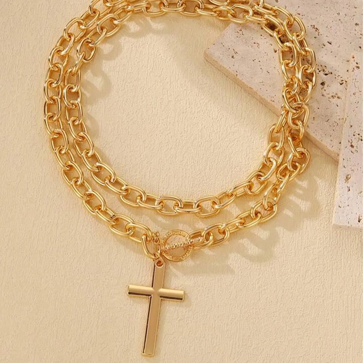 Chunky Gold Necklace Cross Statement Necklace for Women Layered Cross Pendant Necklaces Easter Basket Essentials Christian Gifts for Women