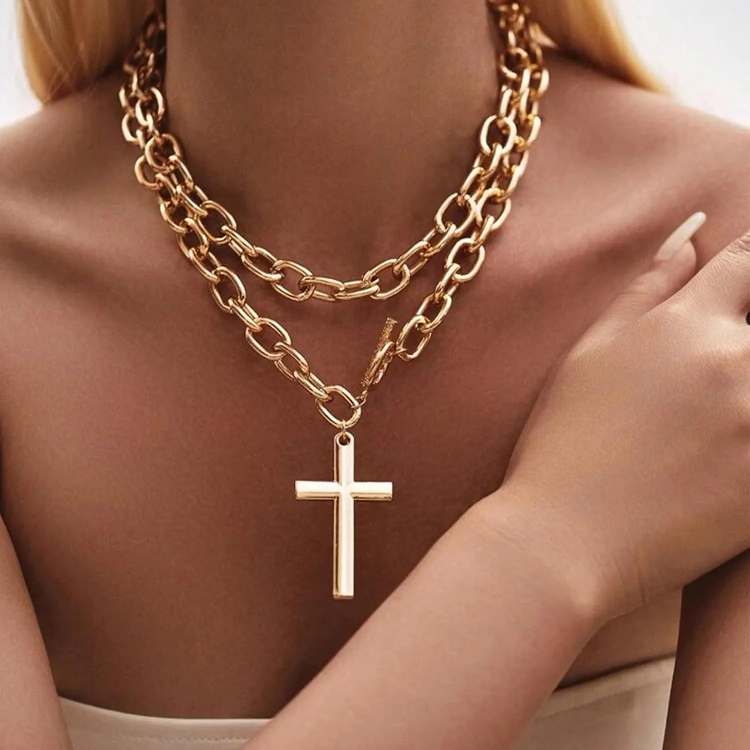 Chunky Gold Necklace Cross Statement Necklace for Women Layered Cross Pendant Necklaces Easter Basket Essentials Christian Gifts for Women