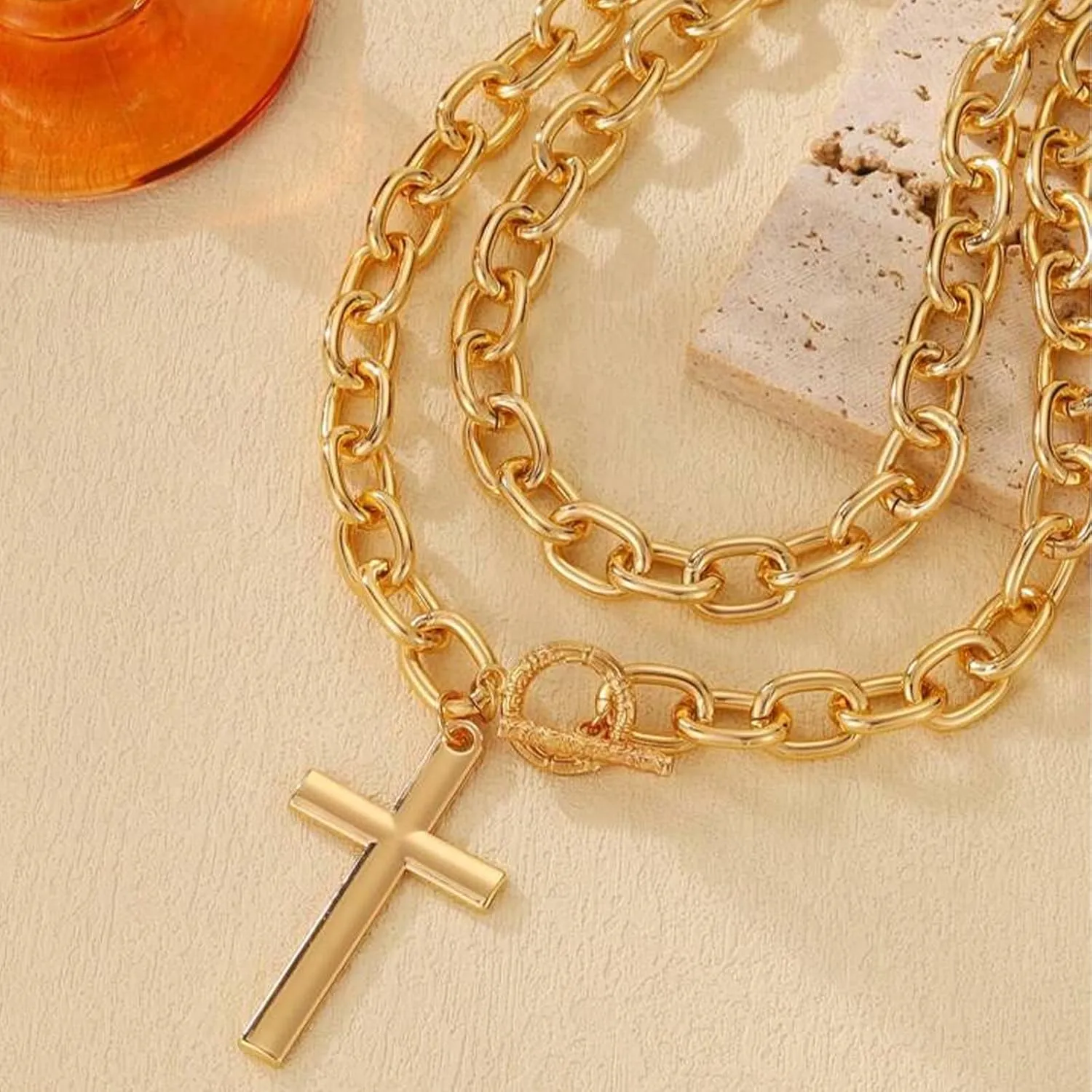 Chunky Gold Necklace Cross Statement Necklace for Women Layered Cross Pendant Necklaces Easter Basket Essentials Christian Gifts for Women