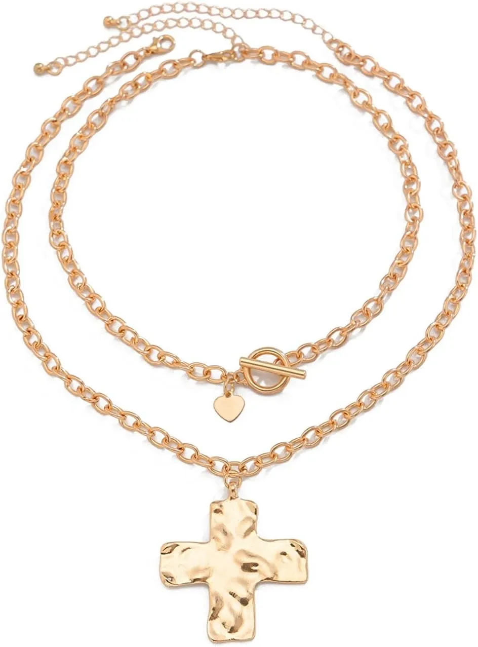 Chunky Gold Statement Cross Necklace for Women Layered Hammered Bold Cross Necklace Thick Chain Vintage Toggle Clasp Necklaces Jewelry Gifts for Women