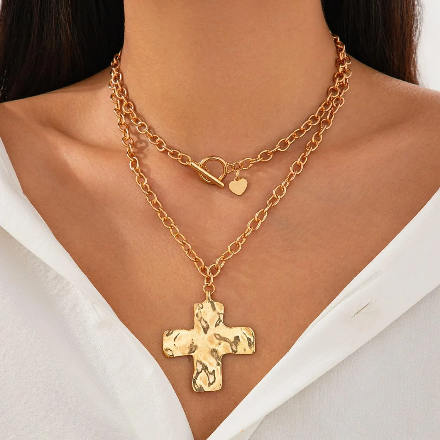 Chunky Gold Statement Cross Necklace for Women Layered Hammered Bold Cross Necklace Thick Chain Vintage Toggle Clasp Necklaces Jewelry Gifts for Women
