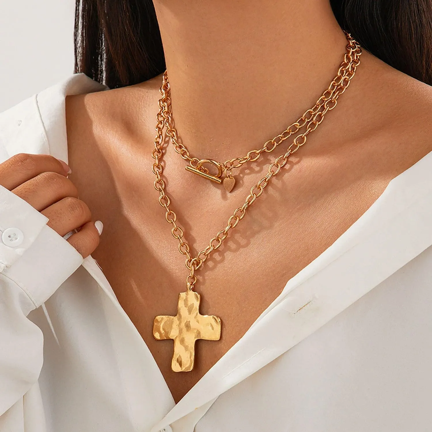 Chunky Gold Statement Cross Necklace for Women Layered Hammered Bold Cross Necklace Thick Chain Vintage Toggle Clasp Necklaces Jewelry Gifts for Women