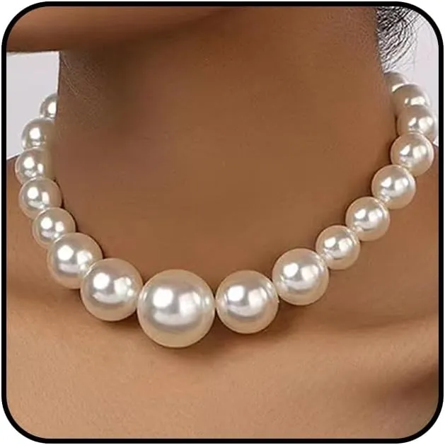 Chunky Pearl Layering Choker Necklace Set for Women Stacked White Large Pearl Bead Adjustable Chain Necklace Exaggerated Bride Wedding Jewelry