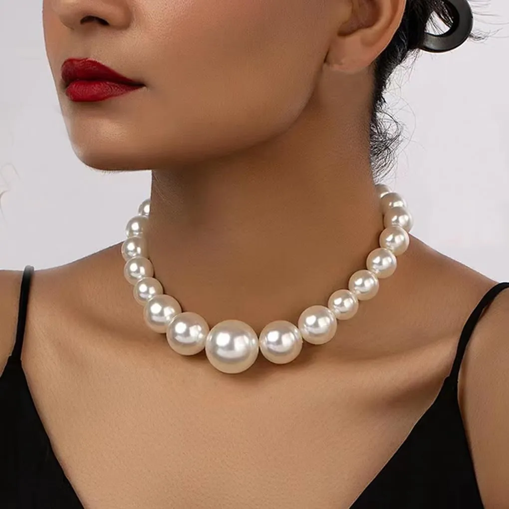 Chunky Pearl Layering Choker Necklace Set for Women Stacked White Large Pearl Bead Adjustable Chain Necklace Exaggerated Bride Wedding Jewelry