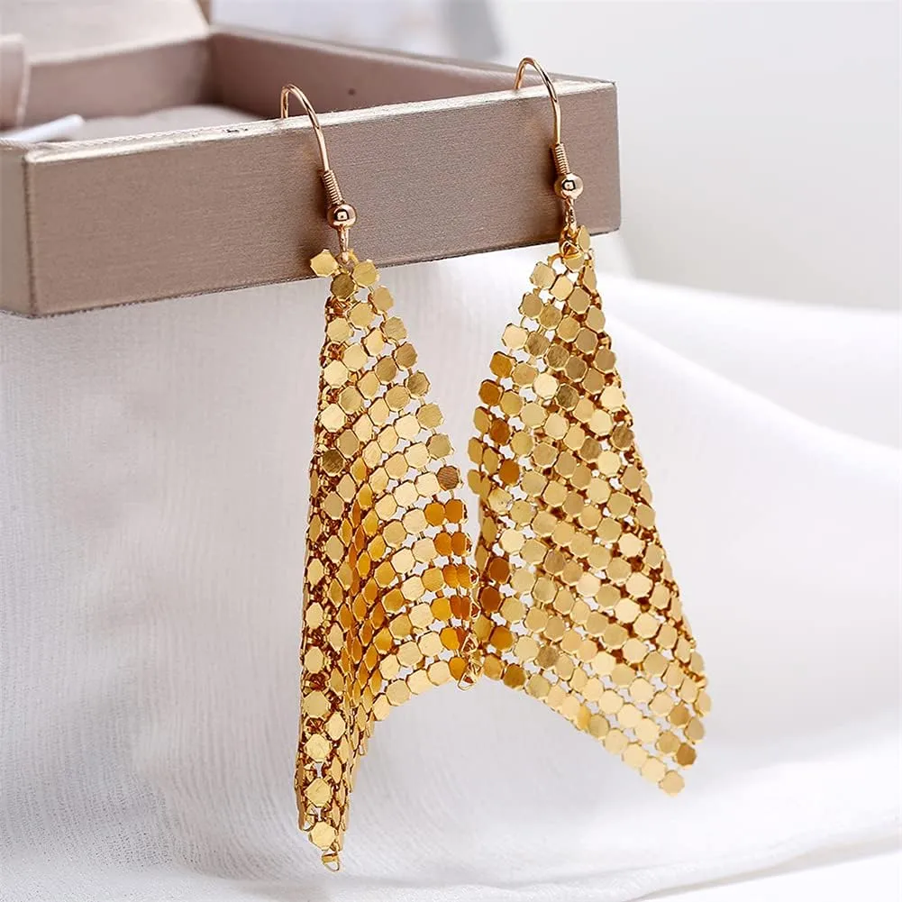 CHUNYANAN Metal Mesh Grid Sequins Gold Tassel Long Drop Dangle Earrings for Women Fashion Charm Tassel Earrings Jewelry Gift