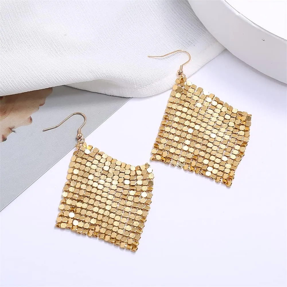 CHUNYANAN Metal Mesh Grid Sequins Gold Tassel Long Drop Dangle Earrings for Women Fashion Charm Tassel Earrings Jewelry Gift