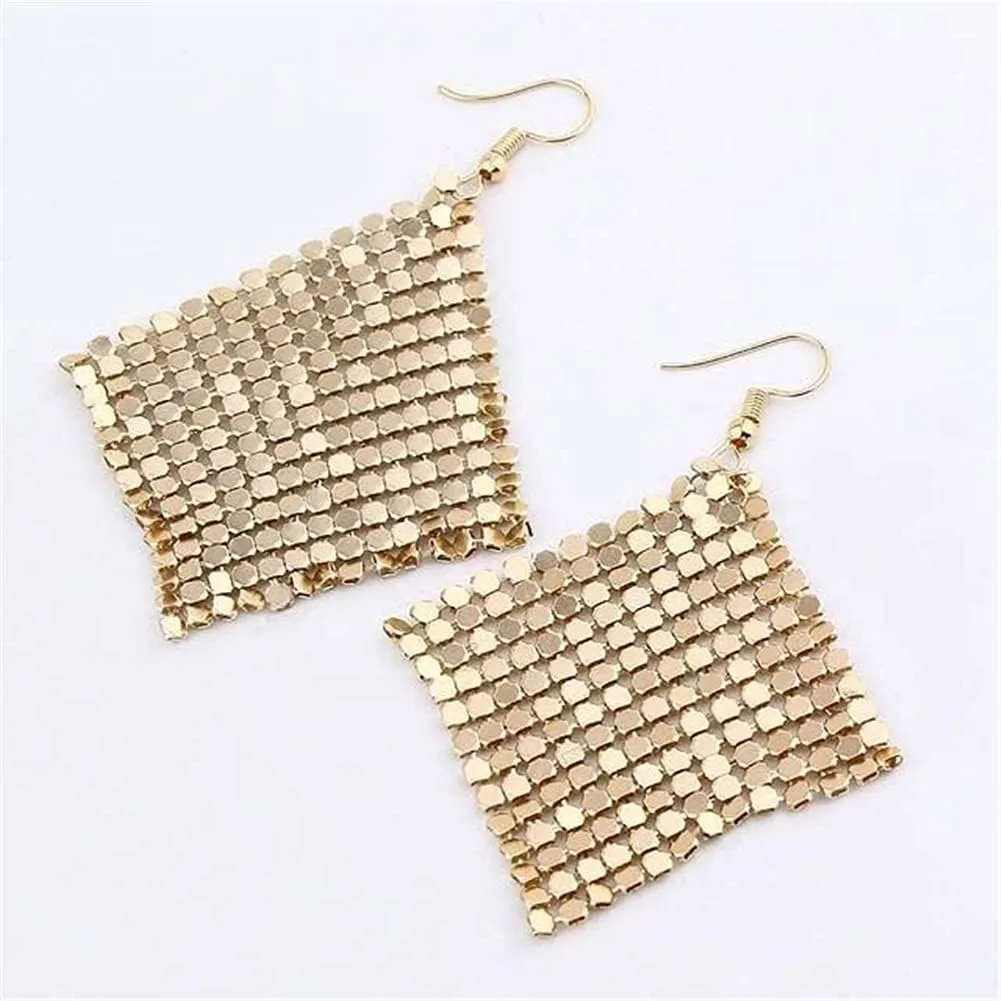 CHUNYANAN Metal Mesh Grid Sequins Gold Tassel Long Drop Dangle Earrings for Women Fashion Charm Tassel Earrings Jewelry Gift