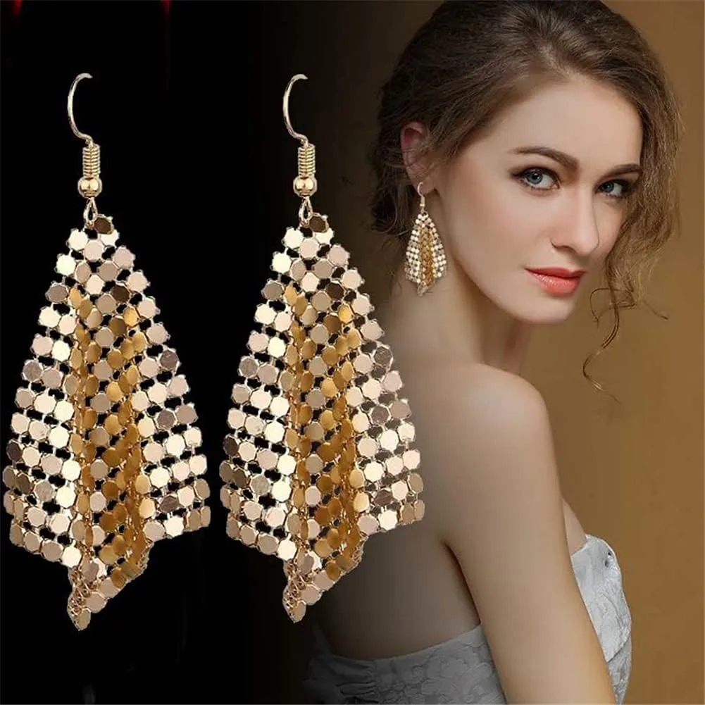 CHUNYANAN Metal Mesh Grid Sequins Gold Tassel Long Drop Dangle Earrings for Women Fashion Charm Tassel Earrings Jewelry Gift