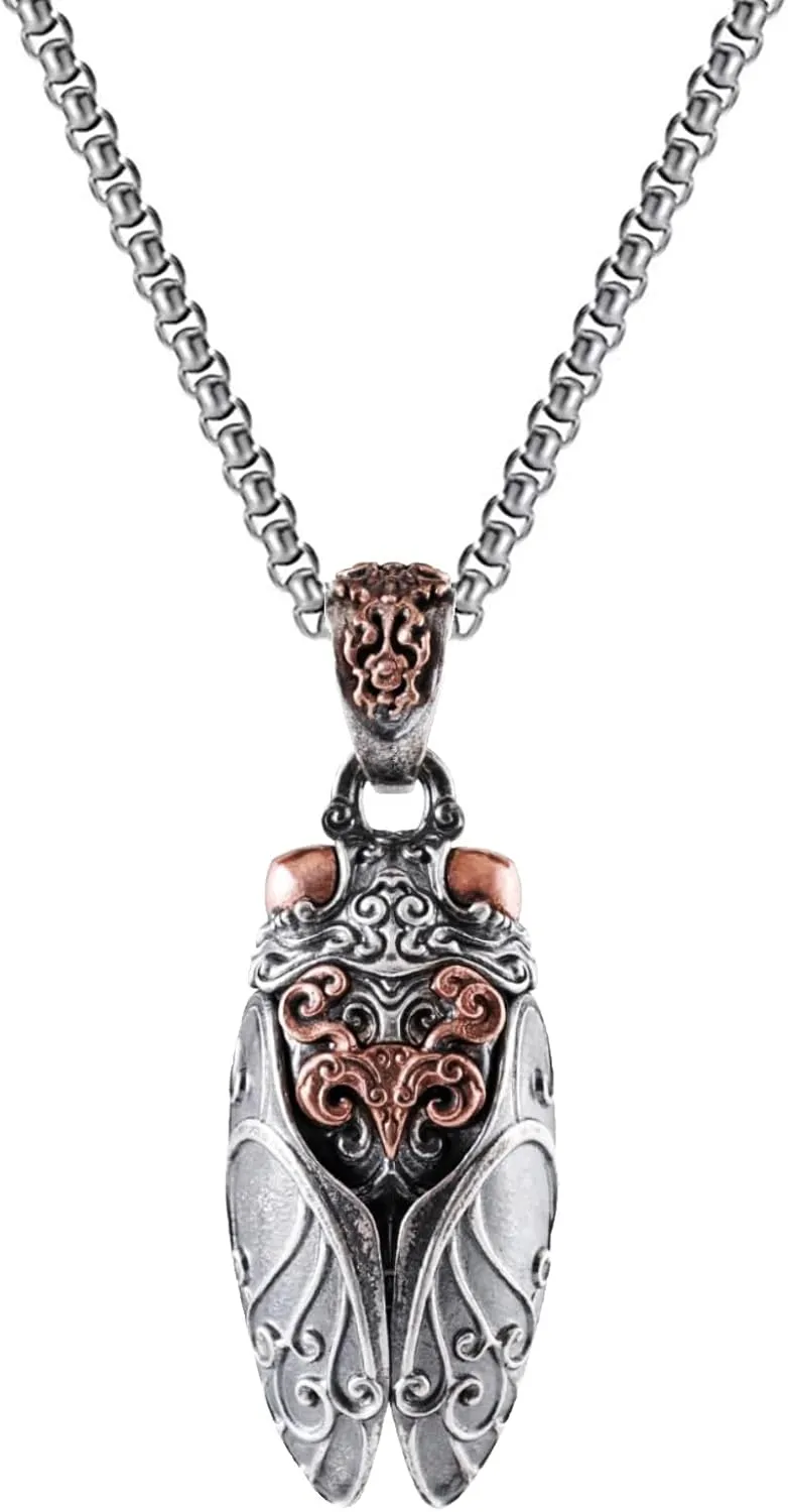 Cicada Necklace,Silver-Plated Cicada Pendant,Vintage Cicada Insect Pendants Weird Jewelry Keychain Necklace Gifts for Men and Women