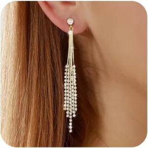 Clip on Earrings for Women 18K Gold Plated Long Drop Dangle Earrings Charming No Piercing Hoop Stud Earrings Sparkly Cubic Zirconia Tassel Ear Clips Statement Jewelry Party Prom Wedding