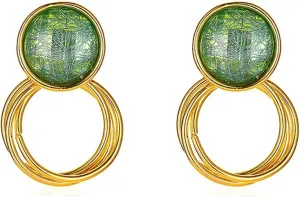 coadipress Green Round Stud Earrings for Women Fashion Gold Plated 925 Sterling Silver Dipped Circle Dangle Drop Geometric Brushed Statement Earrings