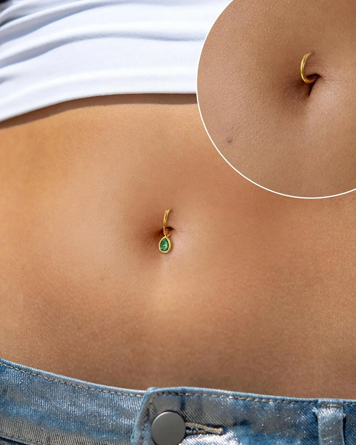 COCHARM 14G Clicker Belly Button Rings Gold Plated Belly Navel Rings for Women Dangle Green CZ Belly Navel Piercing Jewelry Stainless Steel
