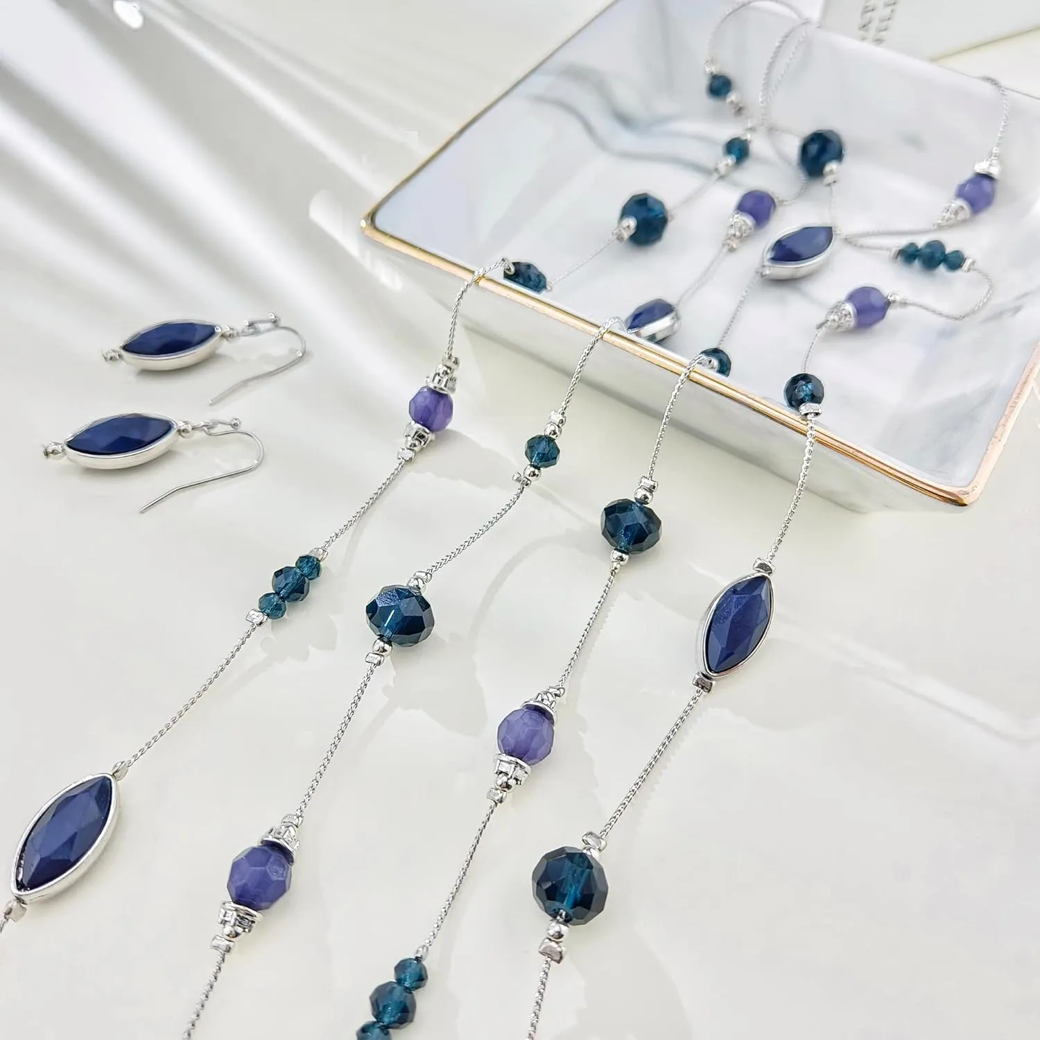 Coiris 2 Layer Illusion Wire Beaded long Collar Statement Necklace with Earrings Long Necklace for Women