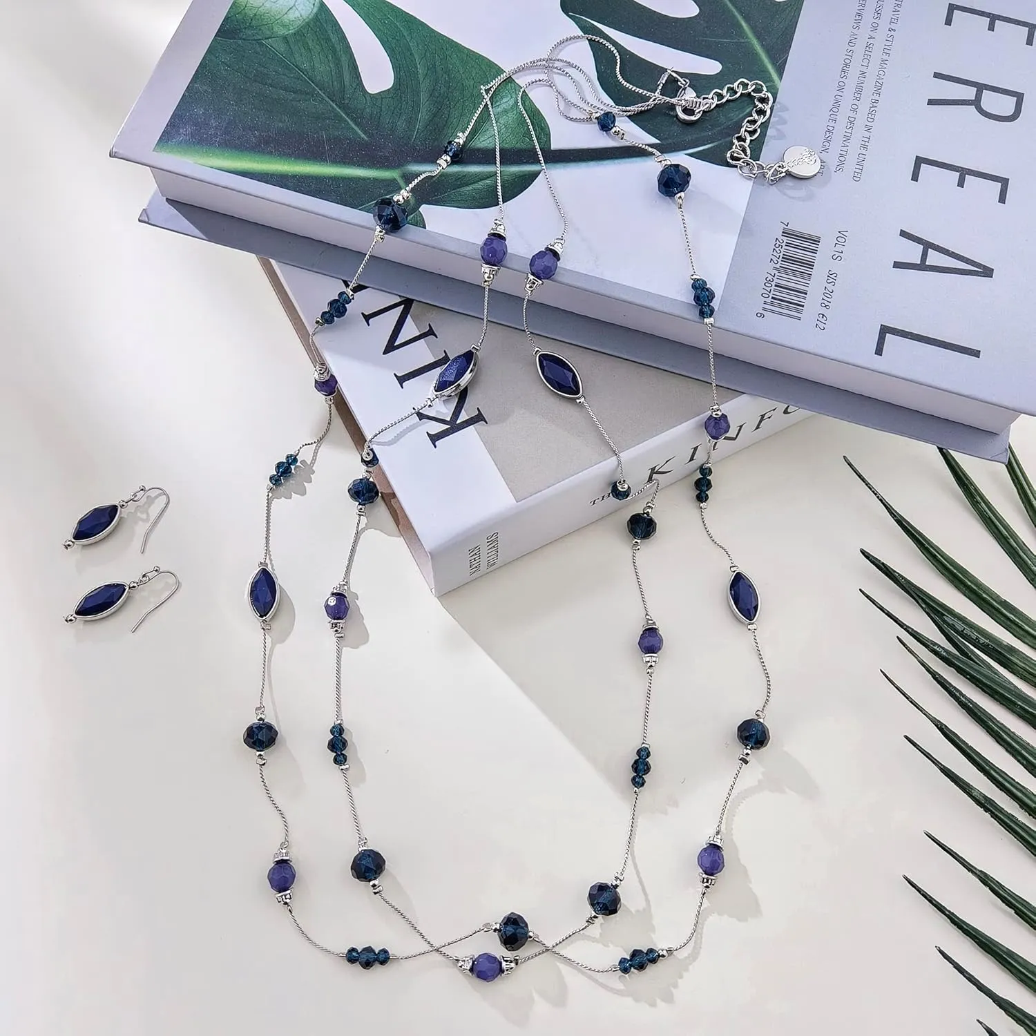 Coiris 2 Layer Illusion Wire Beaded long Collar Statement Necklace with Earrings Long Necklace for Women