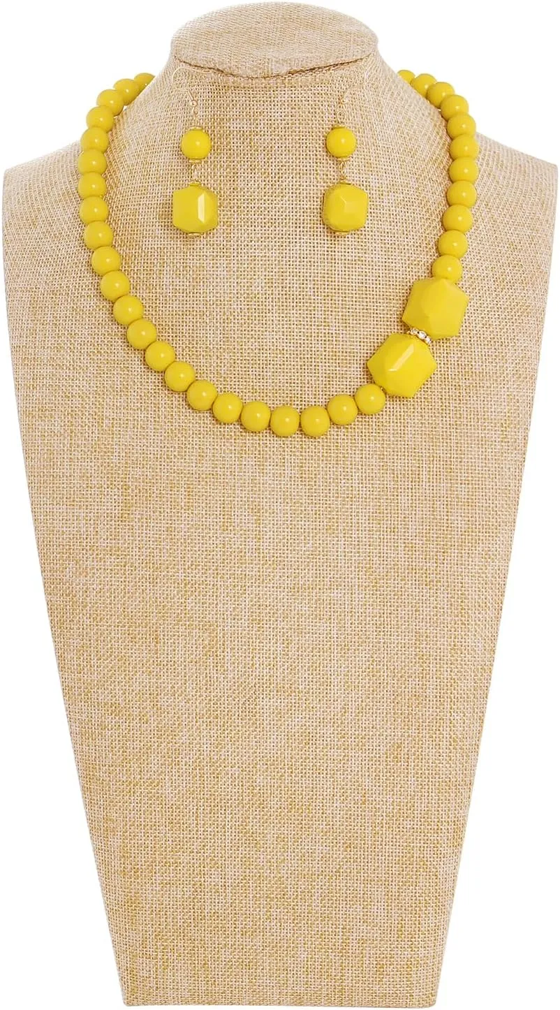 Coiris Chunky Acrylic Beads Strand Necklaces Set,Statement Geometric Beads Necklace Earrings,Acrylic African Beaded Necklace for Accessory Jewelry