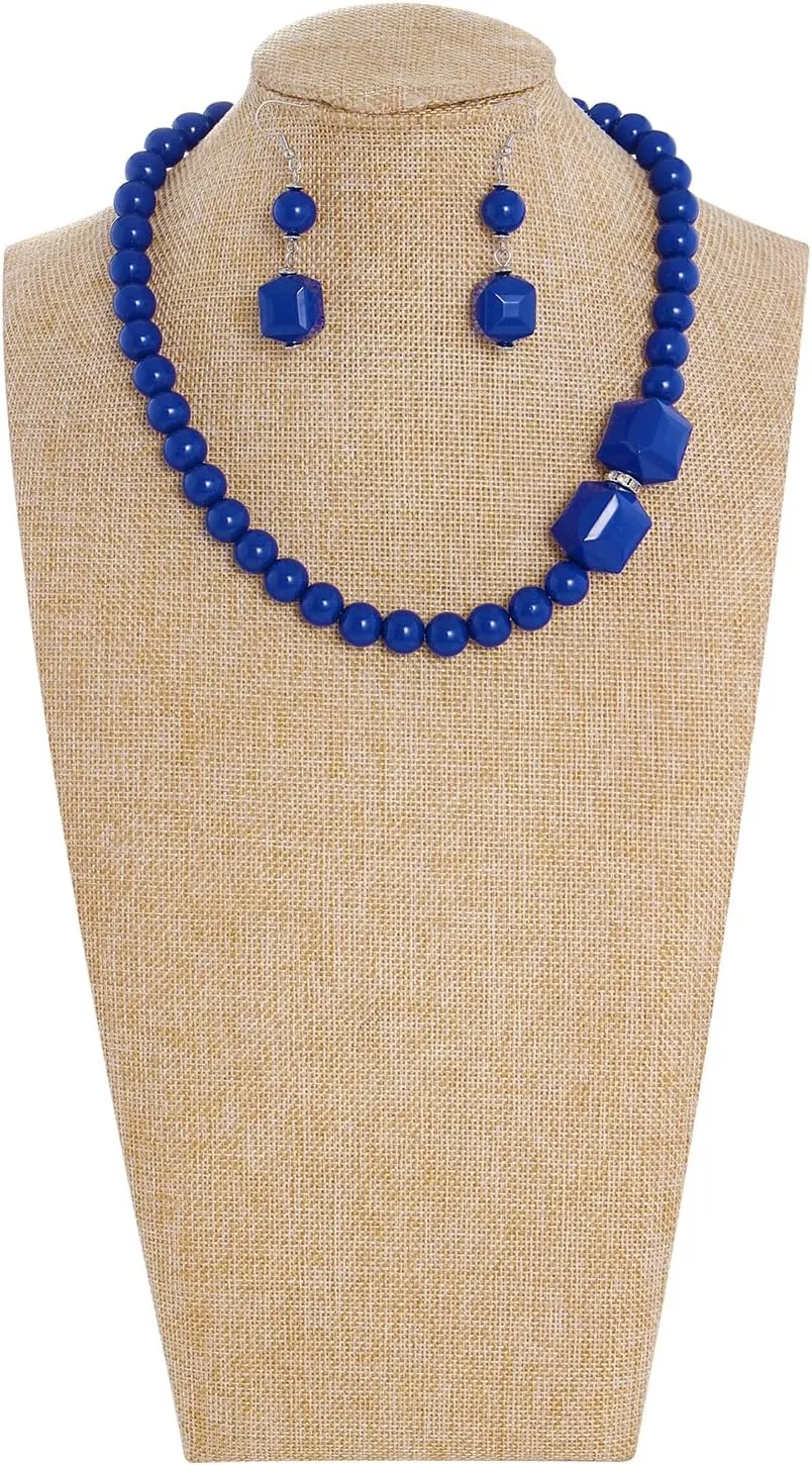 Coiris Chunky Acrylic Beads Strand Necklaces Set,Statement Geometric Beads Necklace Earrings,Acrylic African Beaded Necklace for Accessory Jewelry