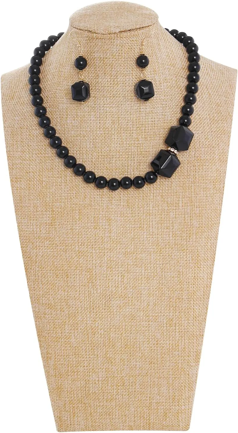 Coiris Chunky Acrylic Beads Strand Necklaces Set,Statement Geometric Beads Necklace Earrings,Acrylic African Beaded Necklace for Accessory Jewelry