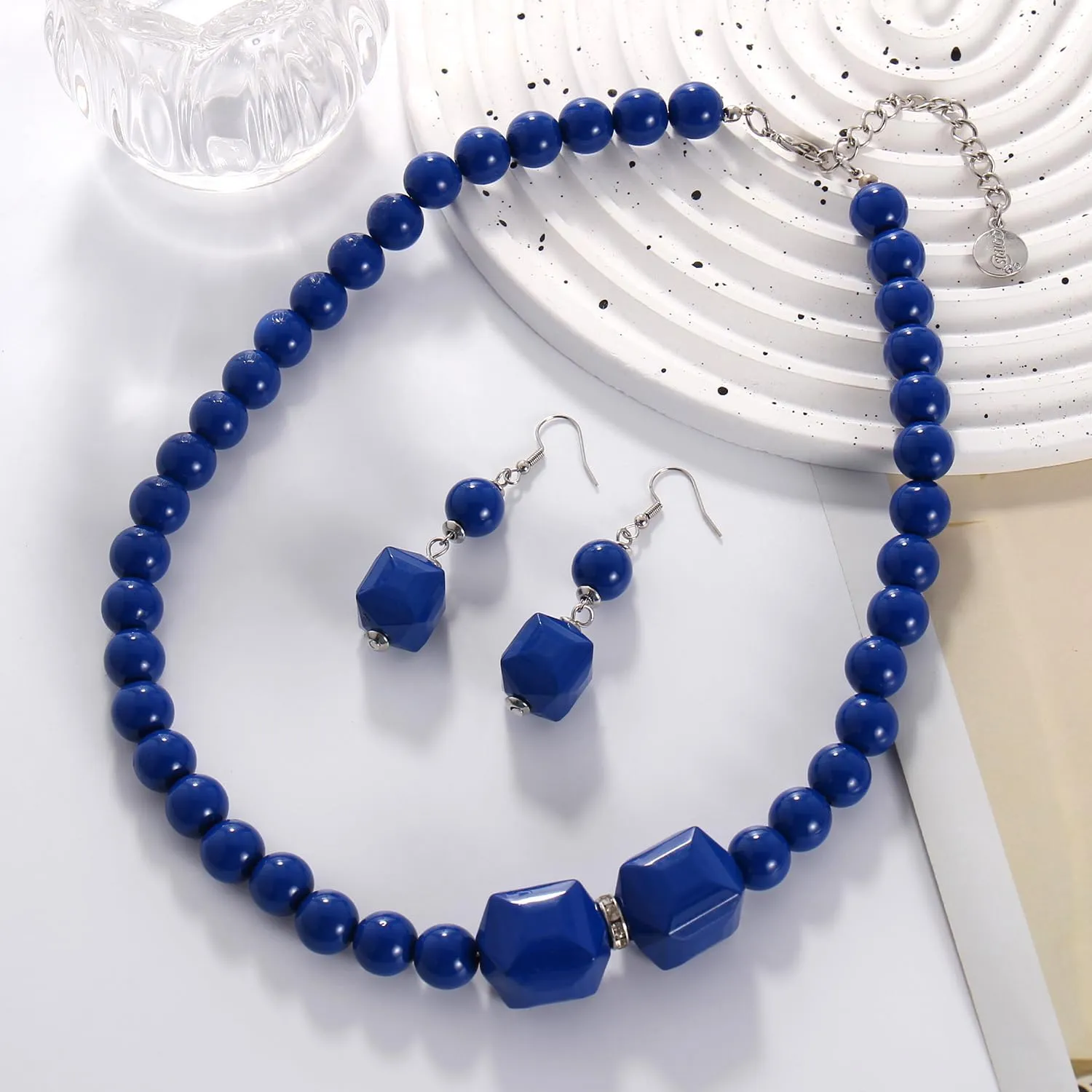 Coiris Chunky Acrylic Beads Strand Necklaces Set,Statement Geometric Beads Necklace Earrings,Acrylic African Beaded Necklace for Accessory Jewelry