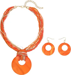 Coiris Multi Strand Statement Colorful Beaded Necklace with Big Circle Shell Pendant for Women
