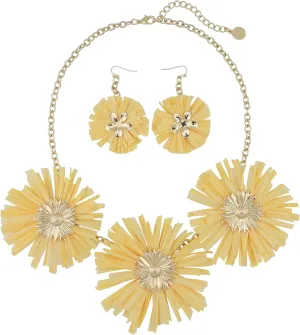 Coiris Raffia Grass Sunflower Statement Necklace Golden Tone Floral Pendant Bib Collar with Earrings for Women