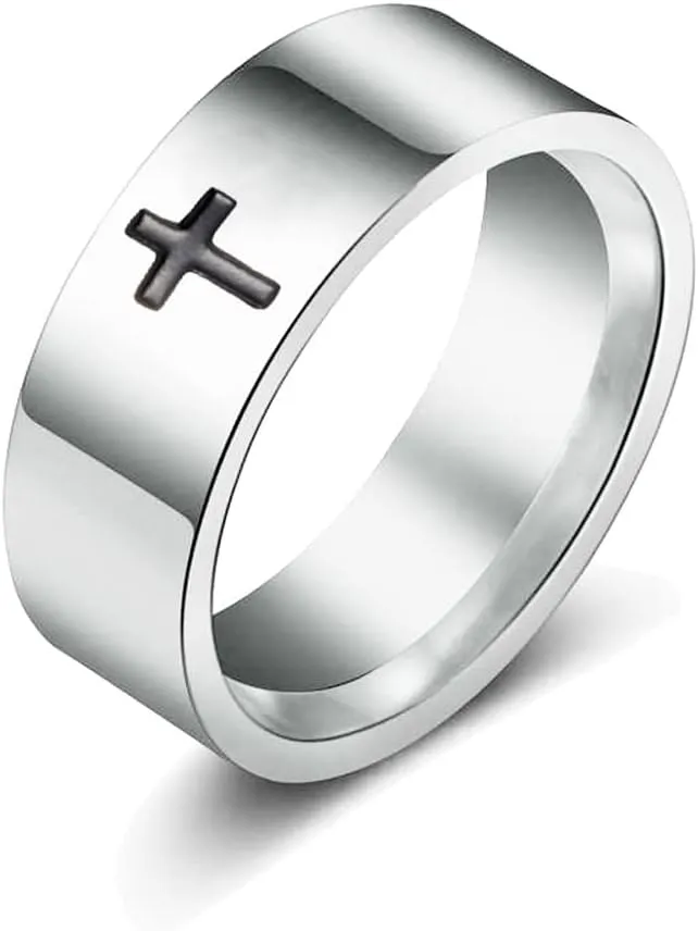 COLORFUL BLING 6MM Simple Polished Engraved Cross Stackable Ring Stainless Steel Silver Christian Cross Ring Sideways Religious Wedding Band Jewelry