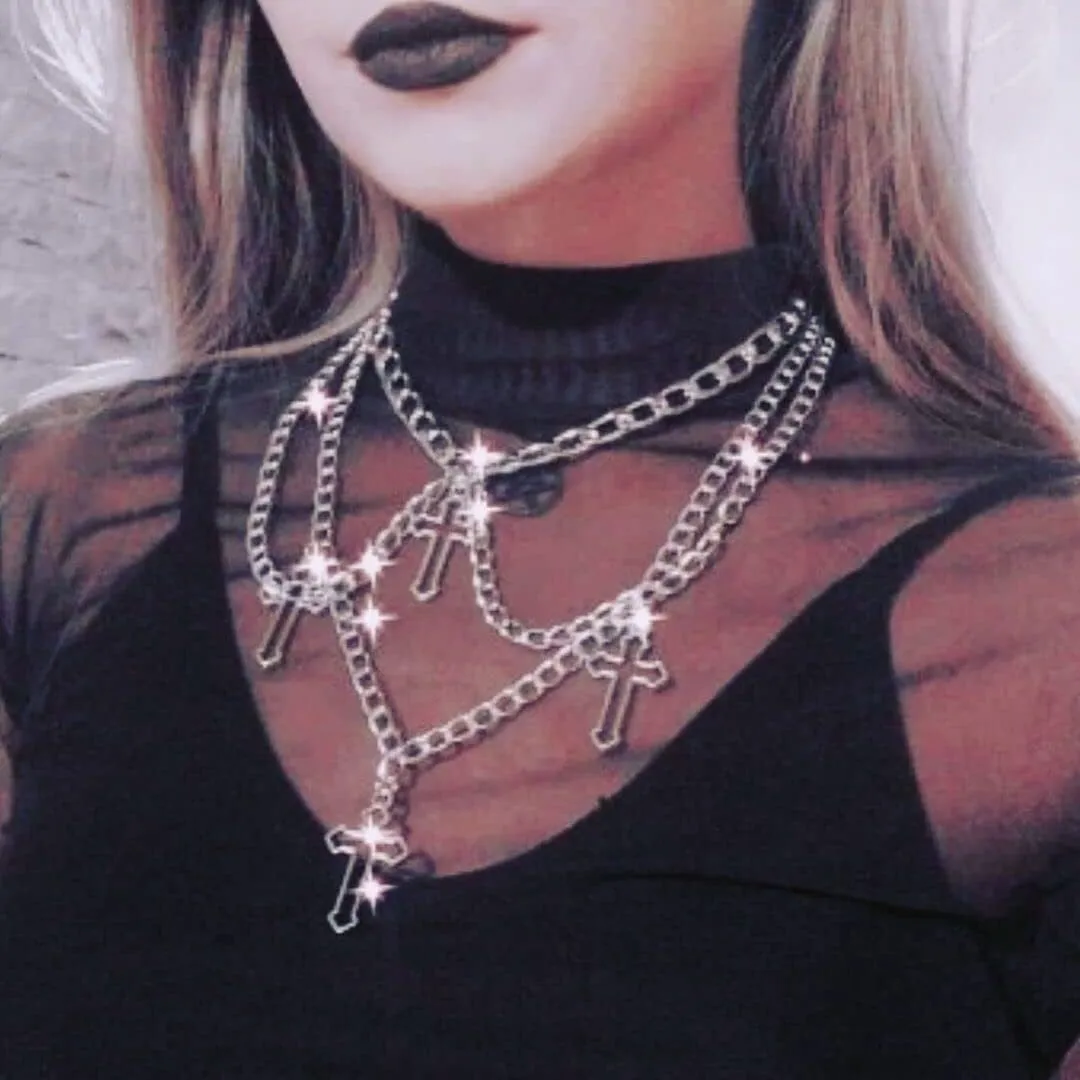 COLORFUL BLING Goth Cross Choker Necklace Gothic Layered Chunky Pendant Necklaces Egirl Silver Plated Long Multilayer Chains 40 inches for Women Teen Girls