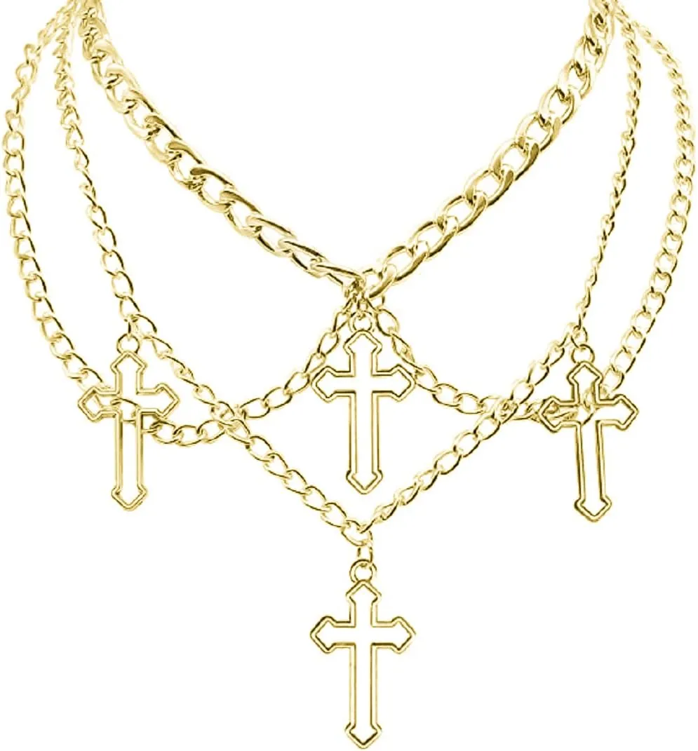 COLORFUL BLING Goth Cross Choker Necklace Gothic Layered Chunky Pendant Necklaces Egirl Silver Plated Long Multilayer Chains 40 inches for Women Teen Girls