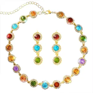 Colorful Crystal Jewelry Sets Gold Sparkly Rhinestone Necklace and Earrings Set Prom Costume Accessory for Women