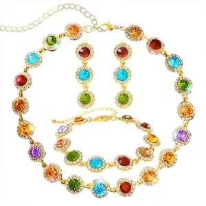 Colorful Crystal Jewelry Sets Gold Sparkly Rhinestone Necklace and Earrings Set Prom Costume Accessory for Women