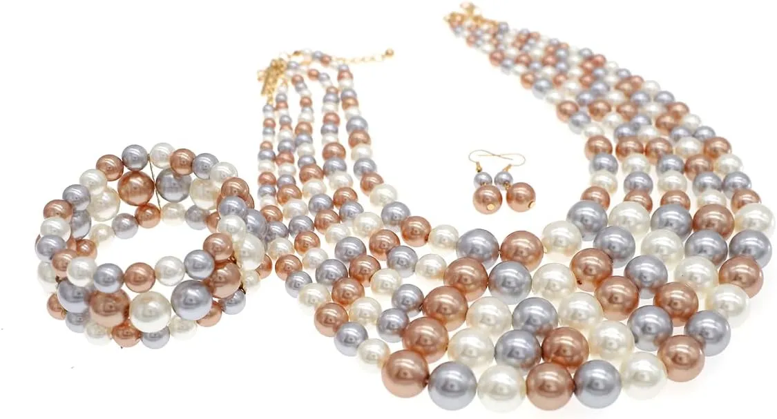 Colorful Faux Pearls Neckalce Set for Women Layered Chunky Pearl Necklaces Earrings Bracelet 1920s Costume Pearl Jewelry Set