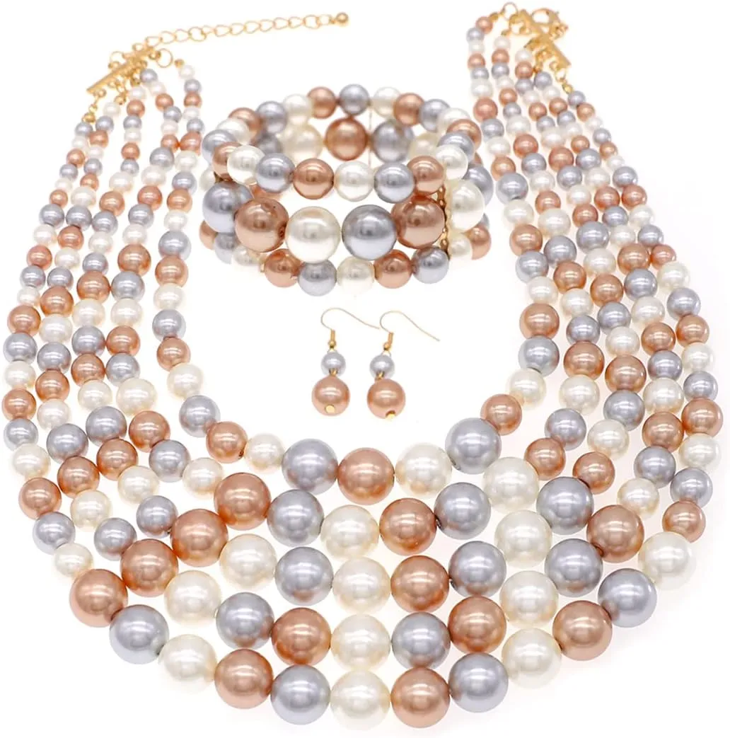 Colorful Faux Pearls Neckalce Set for Women Layered Chunky Pearl Necklaces Earrings Bracelet 1920s Costume Pearl Jewelry Set