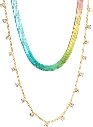 Colorful Gradient Necklace with Gold Chain and Crystal Pendants, Adjustable Layered Choker for Women, Stylish Fashion Jewelry Gift