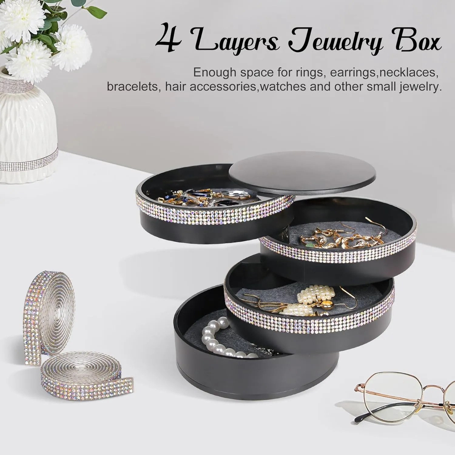 CONBOLA Jewelry Holder Organizer, Christmas Gifts Ideas for Women, Small Jewelry Storage Box Earring Holder, 5-Layer Rotating Jewelry Storage Tray with Lid for Bracelets Rings Bracelets