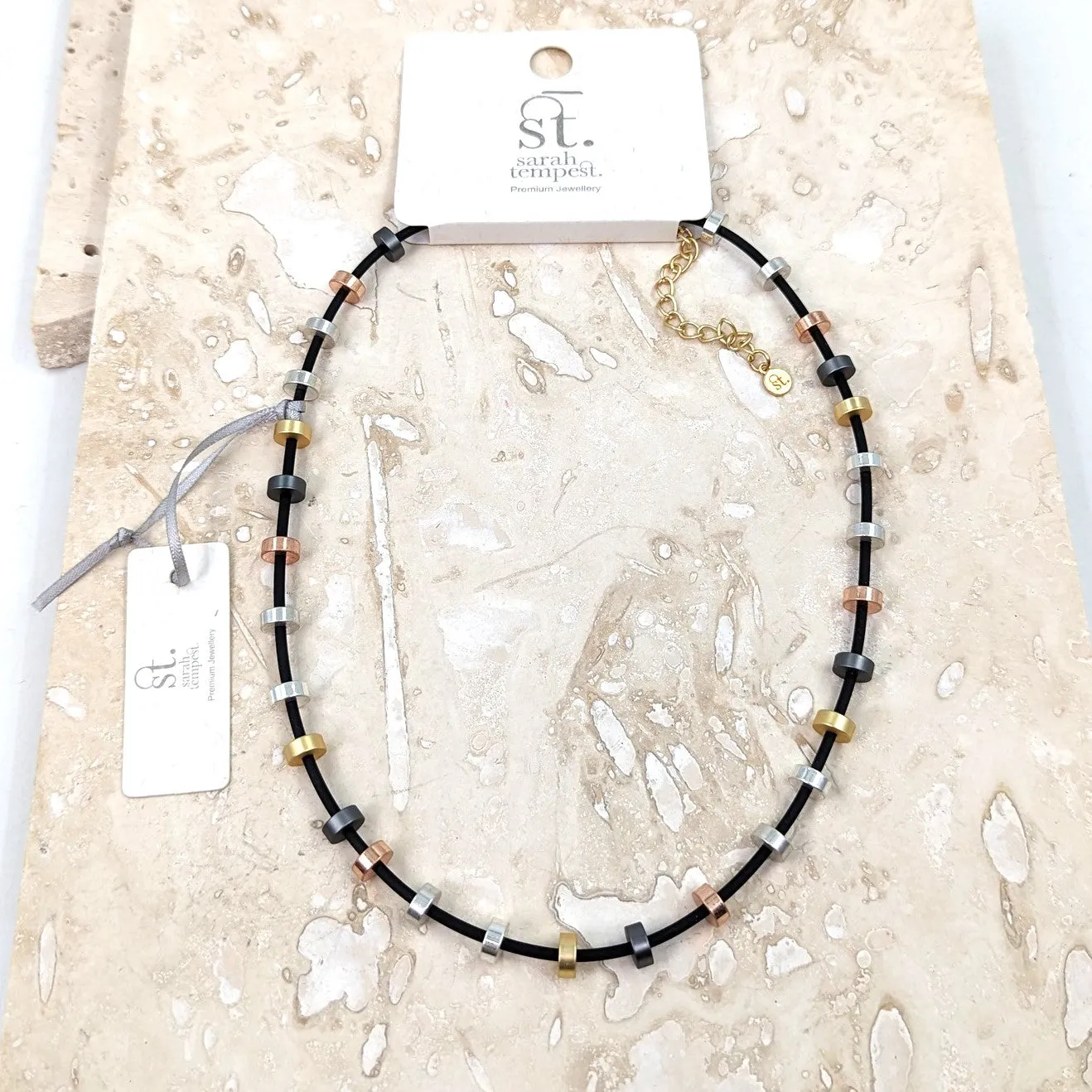 Contemporary Discs on rubber necklace