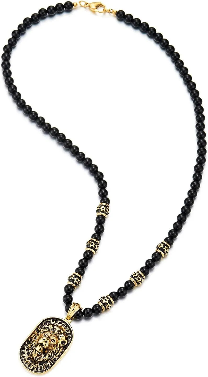 COOLSTEELANDBEYOND Gothic Style Mens Beads Necklace with Stainless Steel Lion Head Shield Pendant