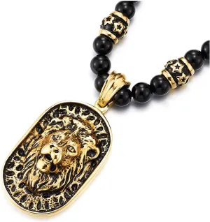 COOLSTEELANDBEYOND Gothic Style Mens Beads Necklace with Stainless Steel Lion Head Shield Pendant