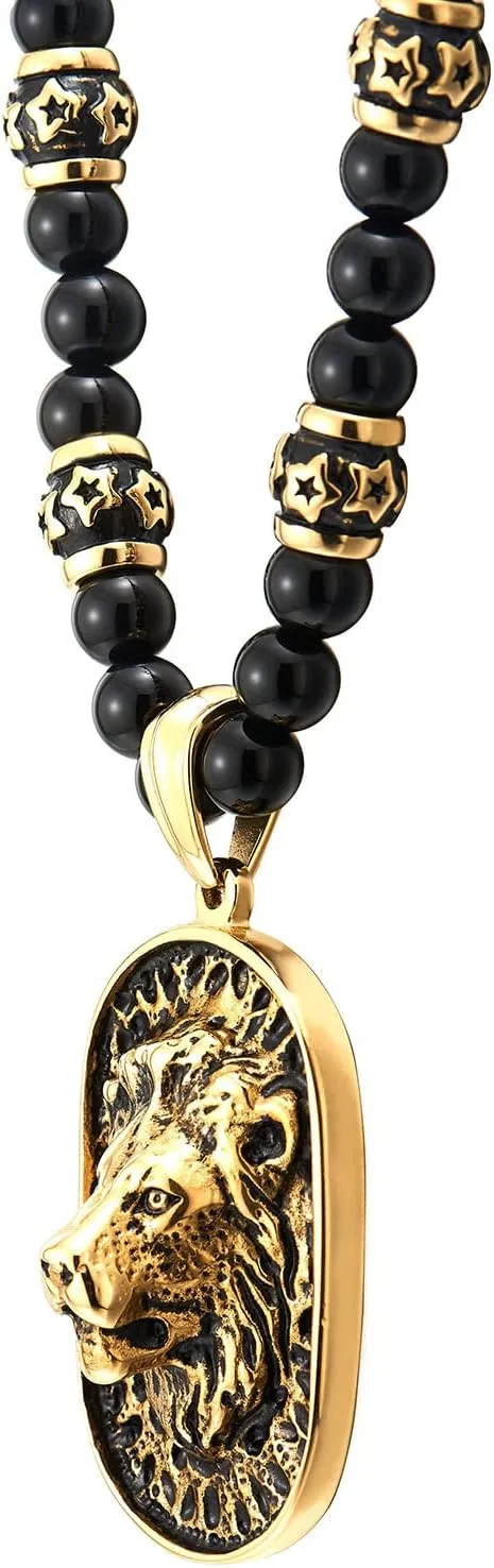 COOLSTEELANDBEYOND Gothic Style Mens Beads Necklace with Stainless Steel Lion Head Shield Pendant