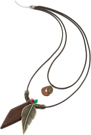 COOLSTEELANDBEYOND Layered Boho Necklace with Leaf and Wood Pendants, Women Two Pendant Brown Leather Cord Necklace