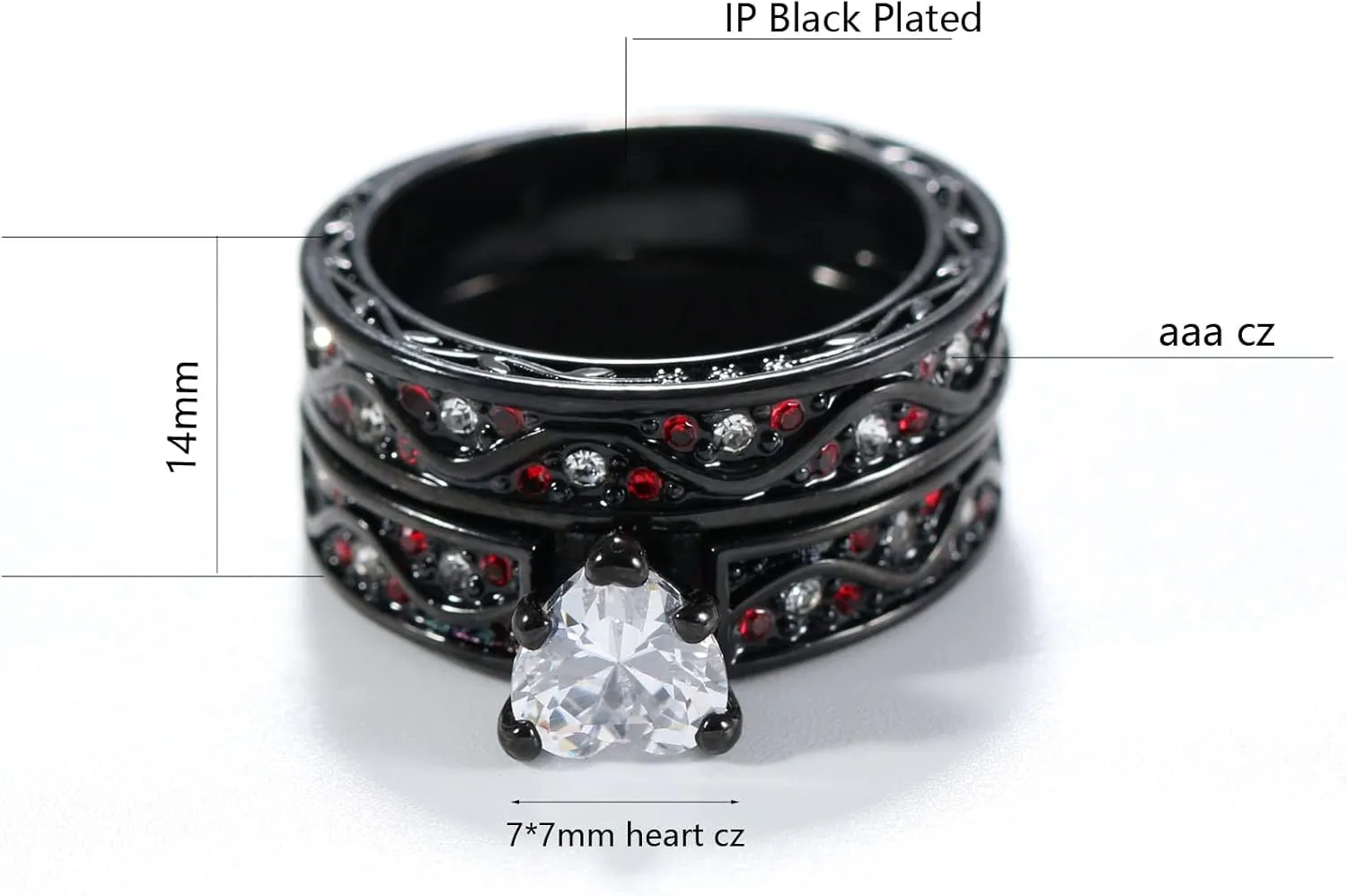 Couple Rings Black and Red Matching Rings His and Her Rings Heart CZ Women Wedding Ring Sets Titanium Men Wedding Bands