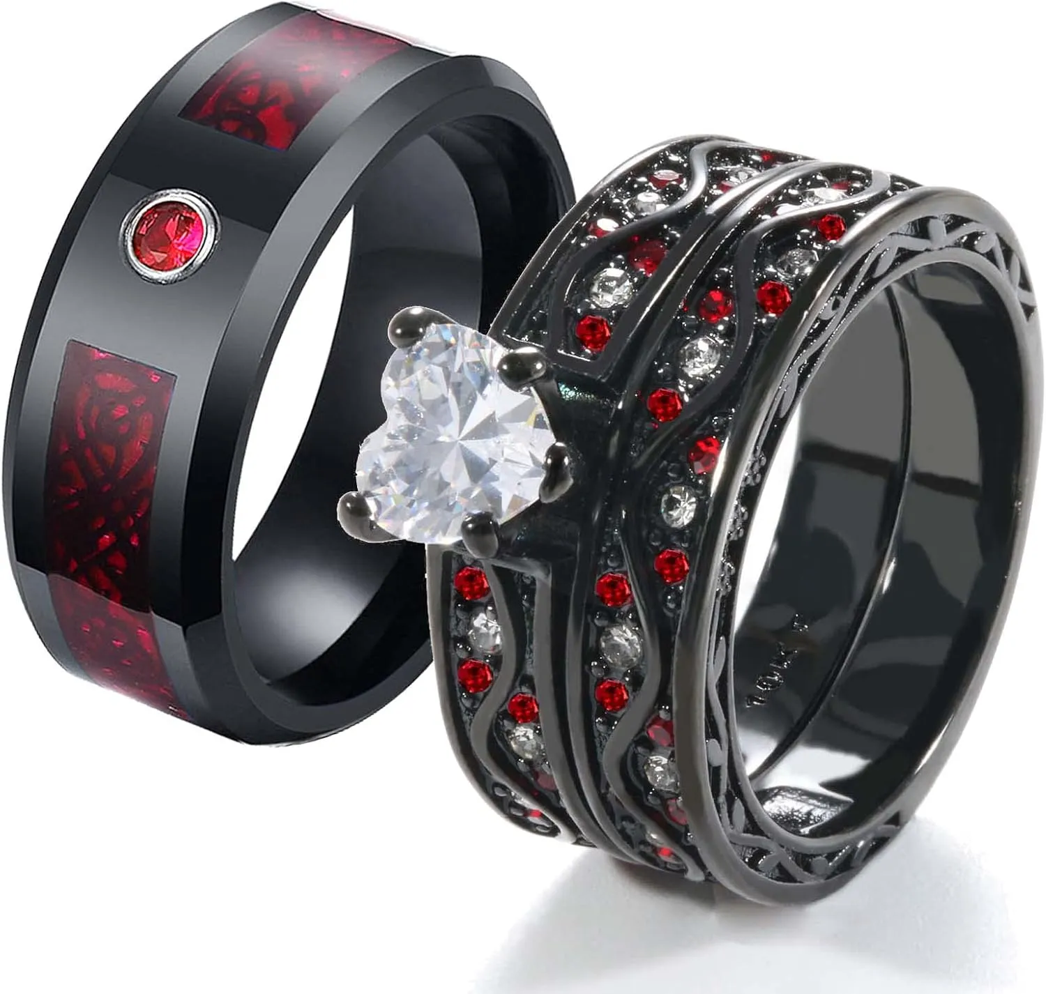 Couple Rings Black and Red Matching Rings His and Her Rings Heart CZ Women Wedding Ring Sets Titanium Men Wedding Bands